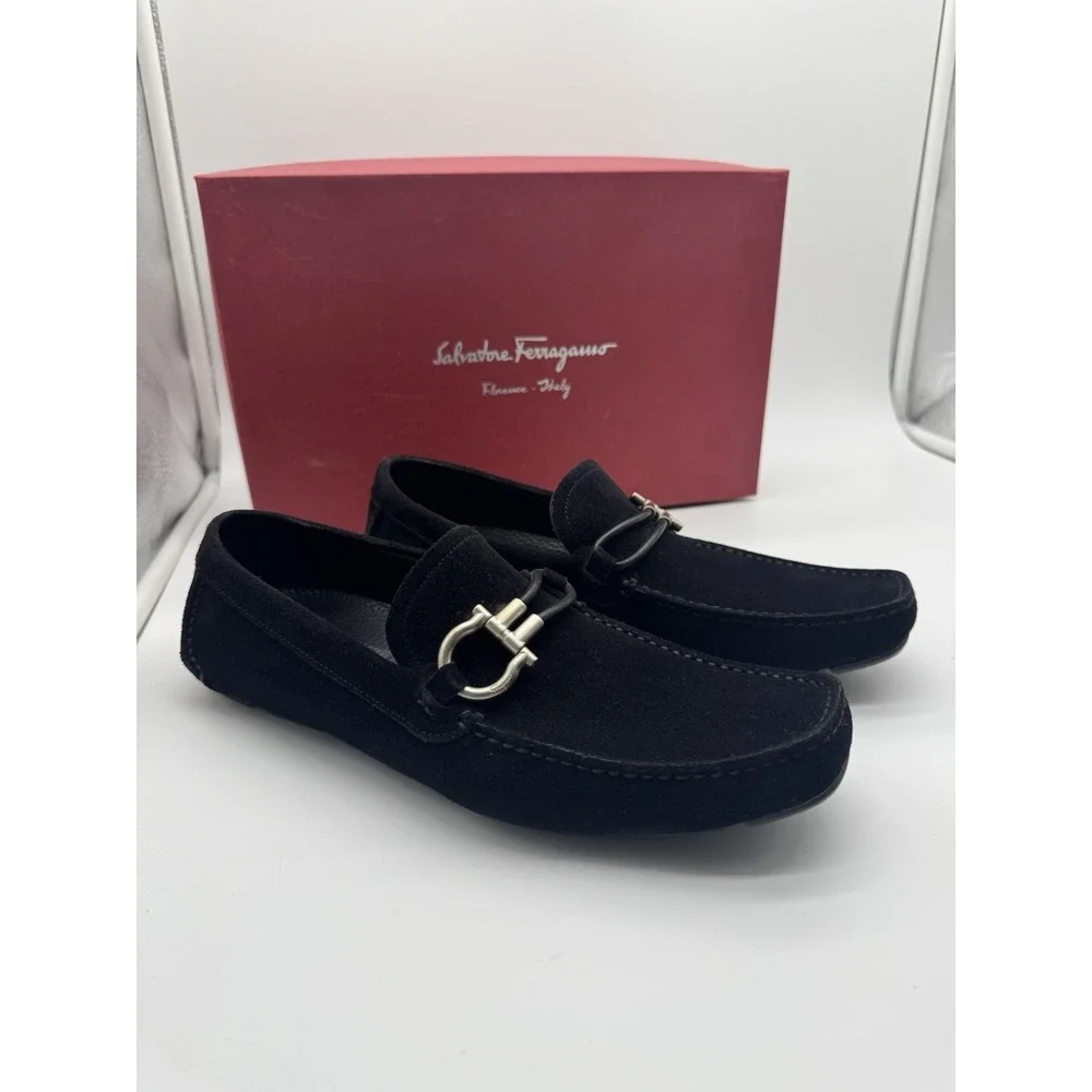 Salvatore‎ Ferragamo Black Suede Gancini Bit Loafers Men 7.5 D Italy Dress Shoes
